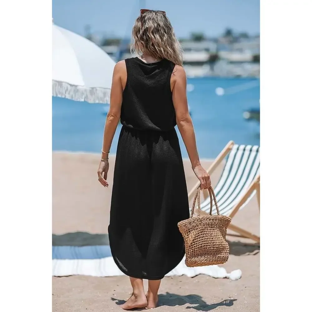 Cupshe Black Round Neck Sleeveless Dolphin Hem Midi Dress